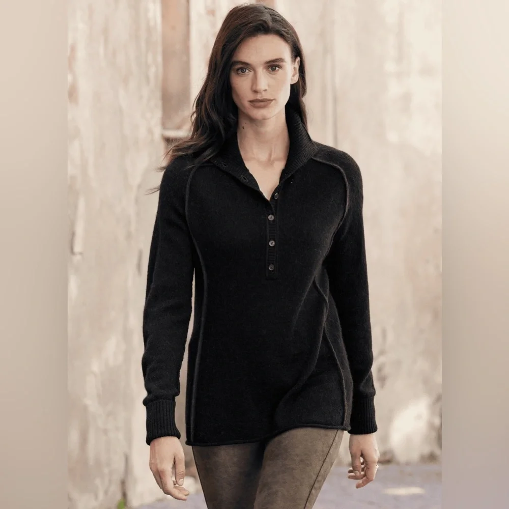 PERUVIAN CONNECTION Black Brimfield Henley Sweater Size XS 100% Royal Alpaca